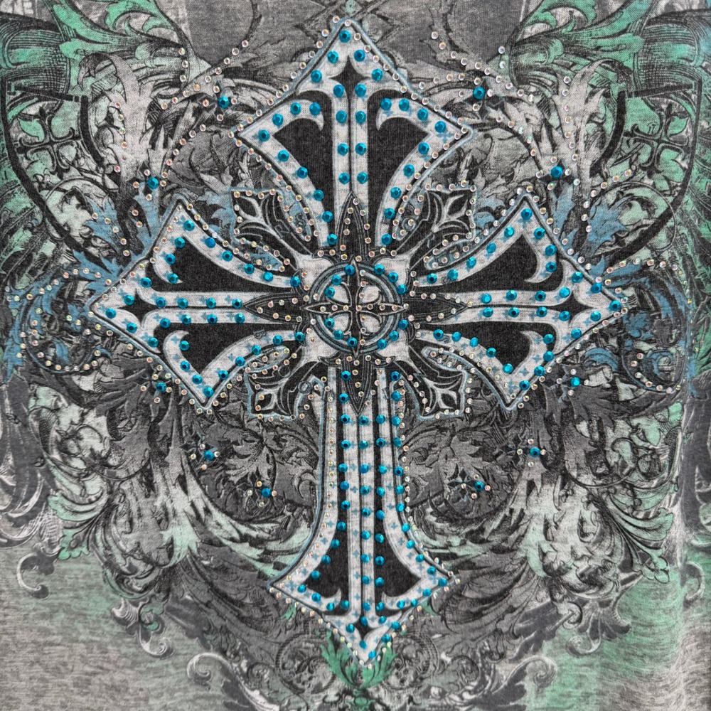 Y2K Angels & Diamonds Cross Graphic Rhinestone Lace Top Size M Bling Embellished - Picture 2 of 10